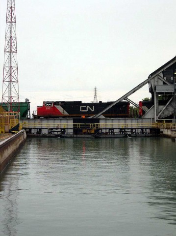 CN train crossing the St. Lawrence Waterway