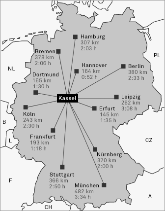 Time by rail to other German cities from Kassel